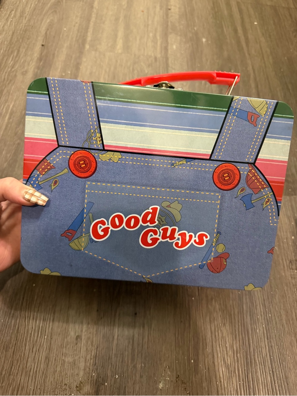 CHUCKY- Good Guys Metal Lunchbox with Red Handle - Blue Overalls Design- new